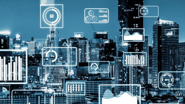 Business data analytic interface fly over smart city showing alteration future of business intelligence. Computer software and artificial intelligence are used to analyze big data for strategic plan .