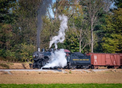 Ronks, Pennsylvania, November 8, 2021 - A View of a Restored Steam Freight Train Blowing Smoke and Steam Traveling Along a Rural Countryside on a Sunny Day