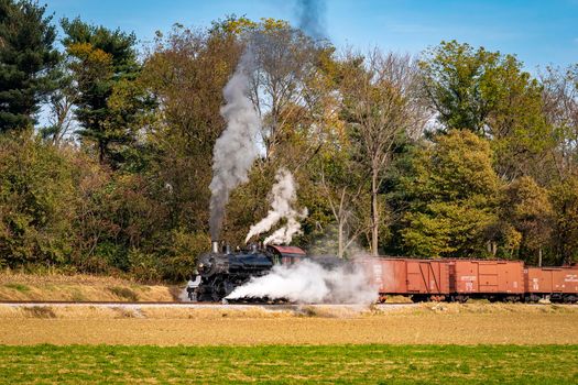 Ronks, Pennsylvania, November 8, 2021 - A View of a Restored Steam Freight Train Blowing Smoke and Steam Traveling Along a Rural Countryside on a Sunny Day