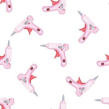 Watercolor pink glue gun seamless pattern on white background