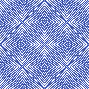 Striped hand drawn pattern. Indigo symmetrical kaleidoscope background. Textile ready astonishing print, swimwear fabric, wallpaper, wrapping. Repeating striped hand drawn tile.