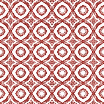 Ikat repeating swimwear design. Wine red symmetrical kaleidoscope background. Summer ikat sweamwear pattern. Textile ready great print, swimwear fabric, wallpaper, wrapping.