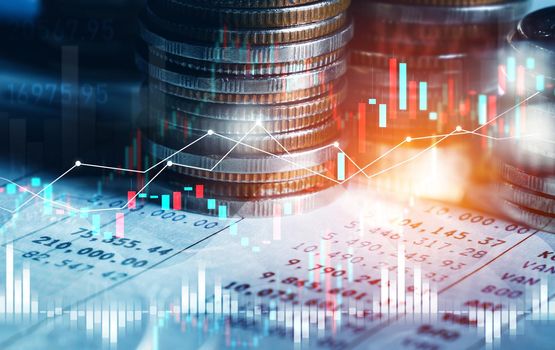 Finance and money technology background concept of business prosperity and asset management . Creative graphic show economy and financial growth by investment in valuable asset to gain wealth profit .