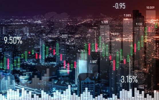 Financial graphs and digital indicators overlap with modernistic urban area, skyscrabber for stock market business concept. Double exposure.