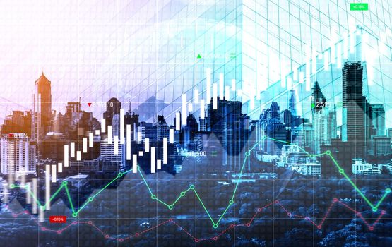 Stock market business concept. Financial graphs and digital indicators with modernistic urban area and skyscrapers as background. Double Exposure.