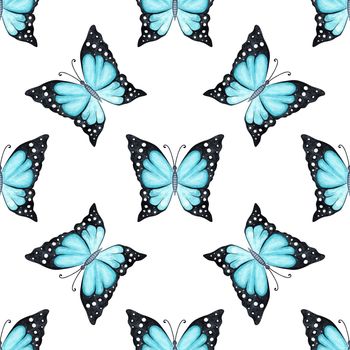 Watercolor blue butterflies seamless pattern on white background