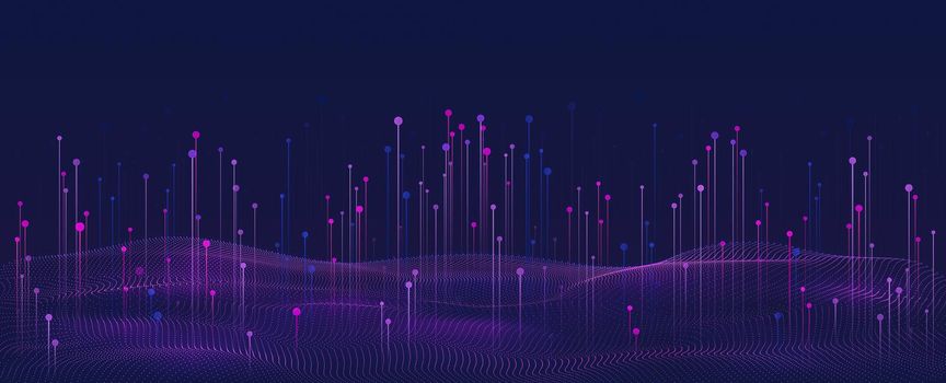 Big data visualization. Futuristic design of data flow. Abstract digital background with flowing particles. Abstract digital background with waves, lines and dots.