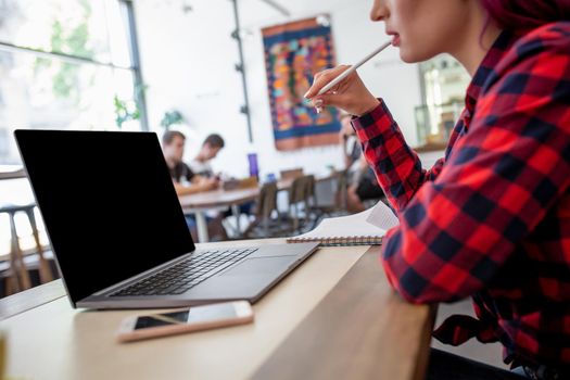 Rear shot of female student learning online via laptop before her lectures. Woman typing on notebook with blank screen with copy space for your text or advertising content, sitting at wooden table