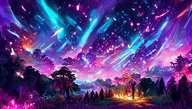 3D render colorful bioluminescent plants in a fantasy forest crystal path. Epic landscape background. HD Wallpaper