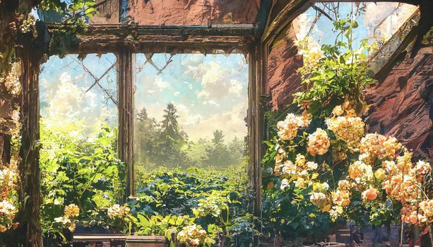 3D render the cottage window outside the garden courtyard has vines and ivy growing up the wall. Beautiful garden wallpaper