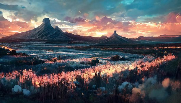 3d render of land is enveloped in the light of the twilight of the setting sun. HD Wallpaper