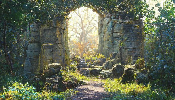 3D render ruins of a simple old stone gate, Beautiful mood lighting HD wallpaper