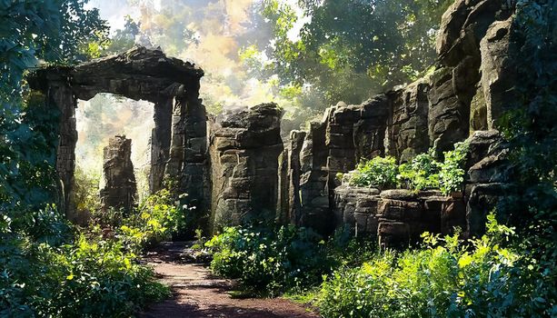 3D render ruins of a simple old stone gate, Beautiful mood lighting HD wallpaper