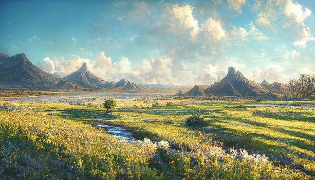 Peaceful scenery of beautiful autumn mountains. Beautiful landscape HD wallpaper, Pine forest with green trees and blue sky with white cloud reflection of mountains in lake water. 3D illustration
