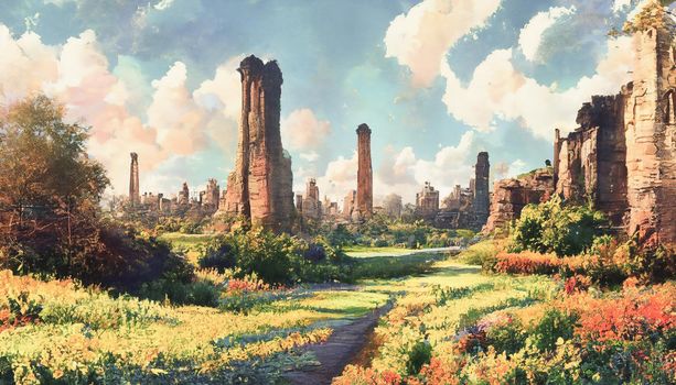 3D render digital painting of a fallen city crumbled ruins. Abstract natural background.