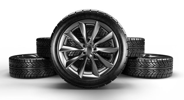 Car wheel isolated on white background. 3D rendering illustration.