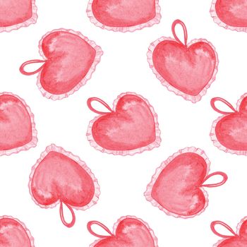 Watercolor red heart pillow seamless pattern on white background. Needle cushion for sewing print