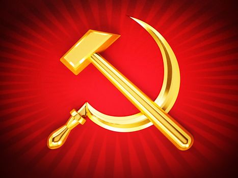 Hammer and sickle communism symbols badge. 3D illustration.