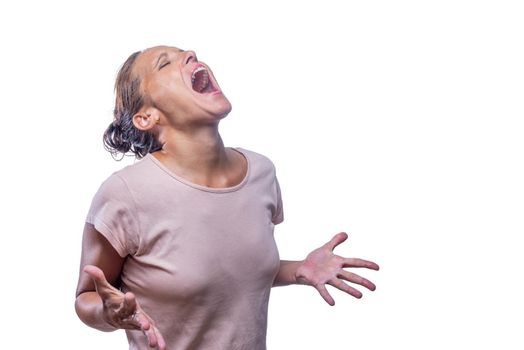 Front view of a woman shouting into the air on a white background with copy space.