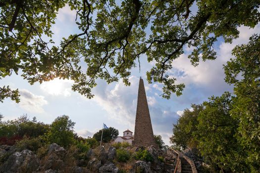 View of the Tumulus in memory of the men of the historical Battle of Maniaki and the great sacrifice of Papaflessas against the Egyptian forces led by Ibrahim in 1825 at Maniaki Tambouria Greece.