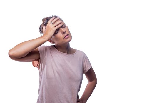 Front view of a woman with headache on a white background with copy space.