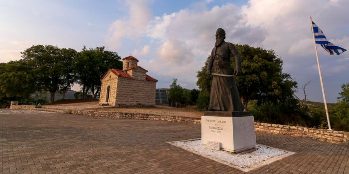 Statue of Papaflessas at the historical old village Maniaki in Messenia, Greece.