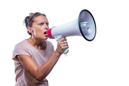 Front view of a green-eyed woman shouting in loudspeaker on a white background with copy space.