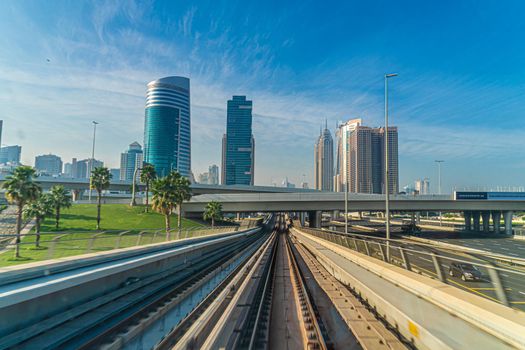 UAE Dubai cityscape seen from Dubai Metro. Shooting Location: Dubai