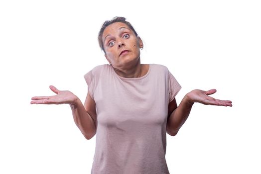 Front view of a resigned green-eyed woman with palms up on a white background with copy space.