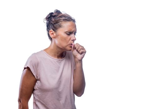 Front view of a woman with cough on a white background with copy space.