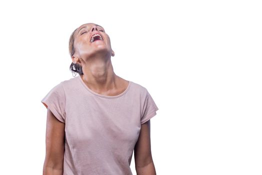 Front view of a woman with head back and an expression of pleasure on a white background with copy space.