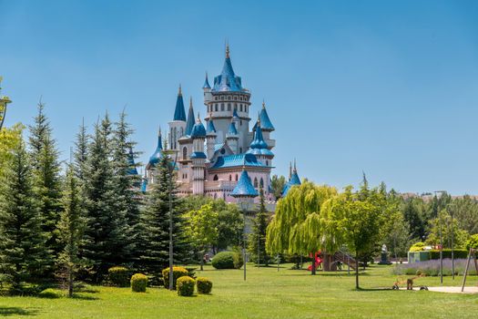 Eskisehir, Turkey - July 06, 2022: Sazova Park in Eskisehir, Turkey. (Science, Art and Culture Park) Fairy Tale Castle