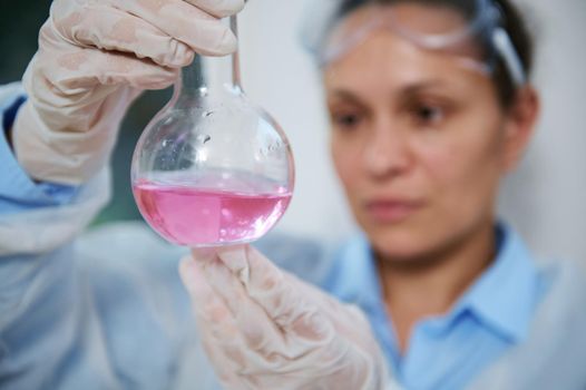 Focus on a laboratory glass flask with a pink chemical fluid substance in the hands of a blurred multi-ethnic woman scientist chemist, clinical researcher inspecting the going on chemical reaction