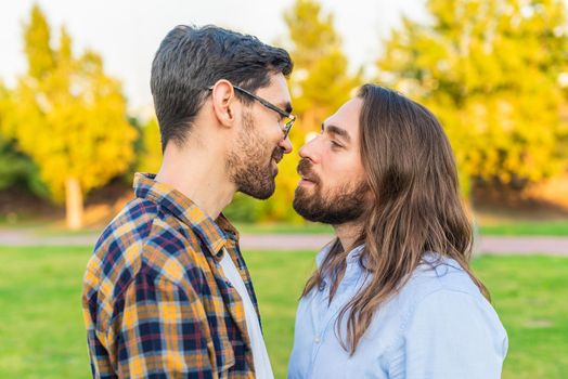 Side view of a romantic gay male couple face to face in a park.