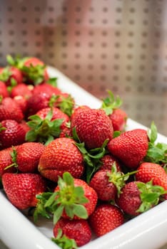 Fresh organic strawberries in a white porcelain bowl