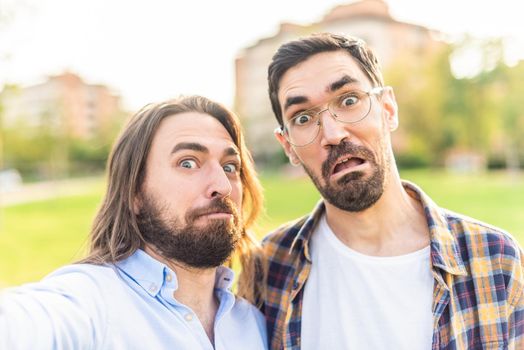 Front view of a funny gay couple looking at camera and making grimaces in the park.