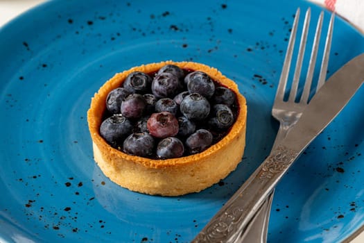 Freshly baked blueberry tart on a blue porcelain plate