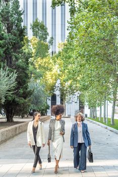 three business workers walking together with trees on both sides of the path, vertical