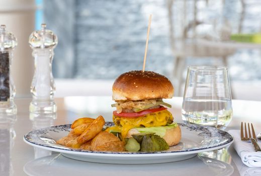 Cheeseburger with pickles and french fries on a porcelain plate