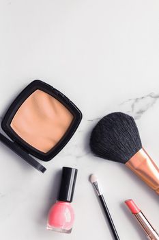 Modern feminine lifestyle, blog background and styled stock concept. Beauty and fashion inspiration - Make-up and cosmetics flatlay on marble