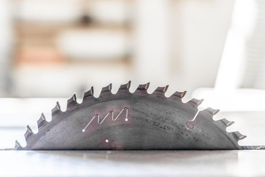 Lateral view of a wood cutting disc with saw teeth, light blurred background