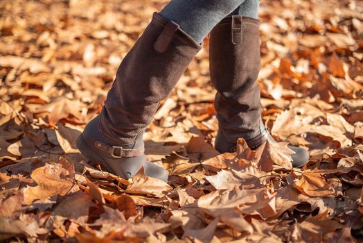 Close up view of a woman's boots walking through the fallen leaves of the trees in autumn