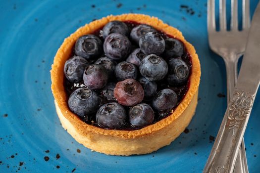 Freshly baked blueberry tart on a blue porcelain plate