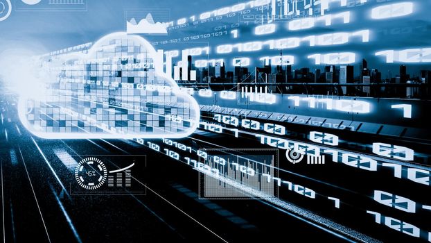 Cloud computer and online data storage with tacit intelligent sharing software . Concept of smart digital transformation and technology disruption that changes global trends in new information era .