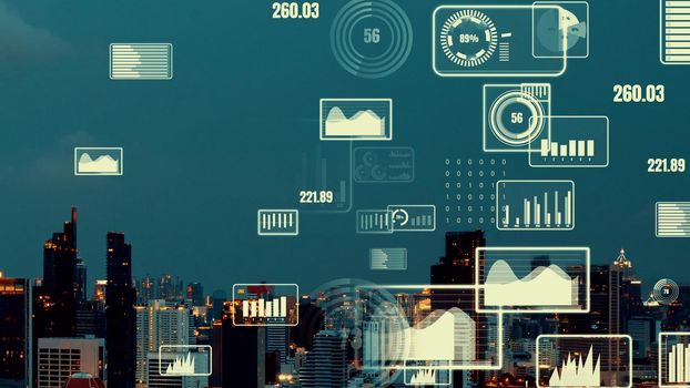 Business data analytic interface fly over smart city showing alteration future of business intelligence. Computer software and artificial intelligence are used to analyze big data for strategic plan .