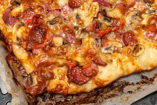Homemade mushrooms, Turkish sausage, sausage and mozzarella cheese pizza