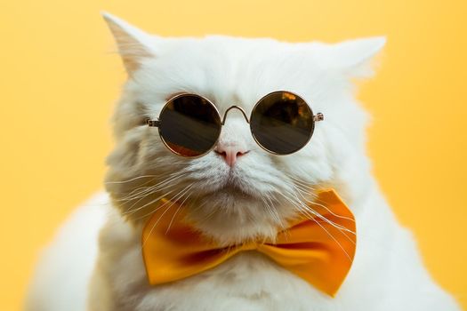 Close portrait of white furry cat in fashion sunglasses. Luxurious domestic kitty in glasses poses on yellow wall background. High quality