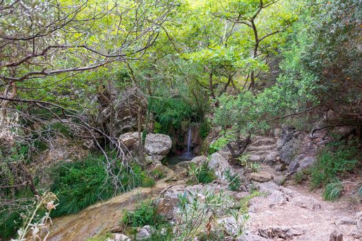 Mountain Lake and Waterfall in Polilimnio area in Messinia, Greece.