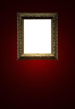 Antique art fair gallery frame on royal red wall at auction house or museum exhibition, blank template with empty white copyspace for mockup design, artwork concept