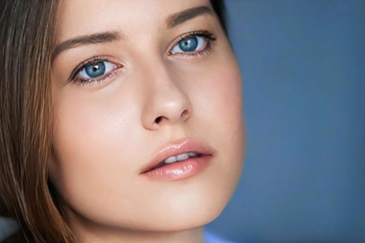 Beauty and skincare, beautiful woman with blue eyes, natural make-up, face portrait close-up